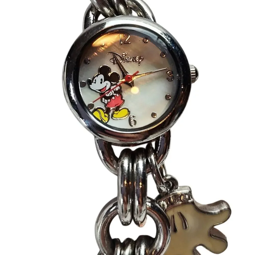 Disney Mickey Mouse Charm Bracelet Watch Silver Glove Dangle